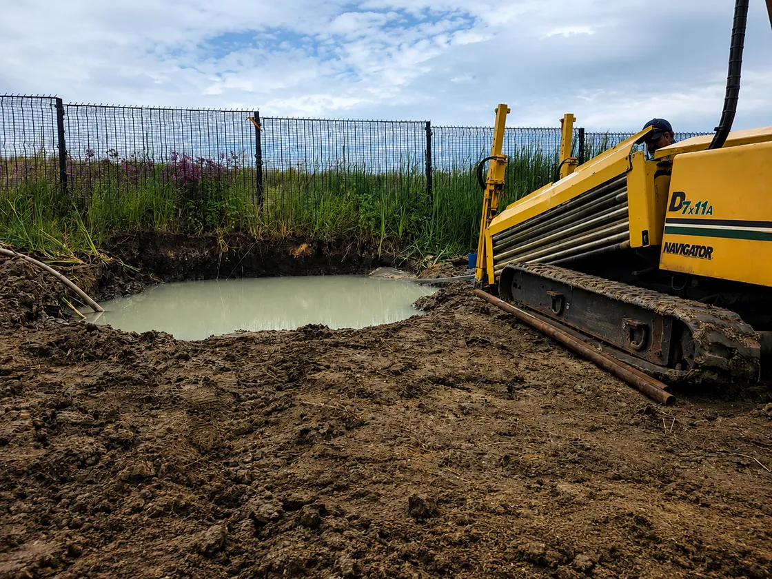 Horizontal directional drilling rig set up on site, ready to bore a road crossing