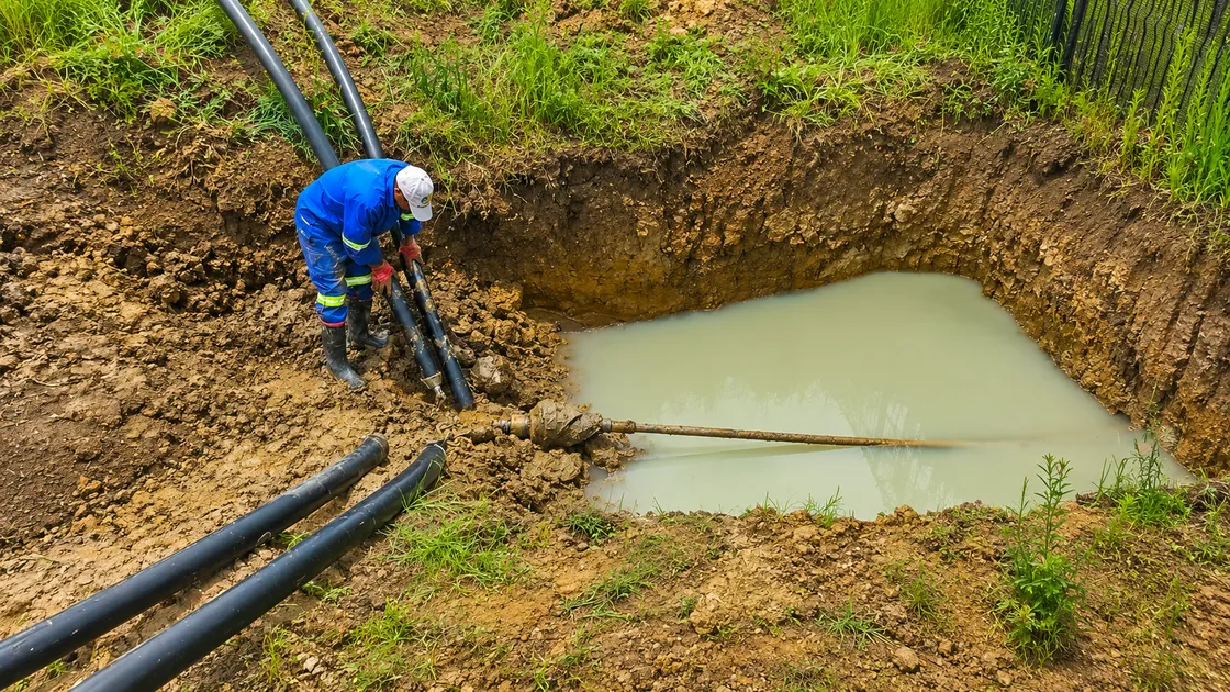 Technician guiding pipe at HDD exit pit